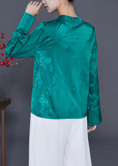 Green Jacquard Silk Shirt Mandarin Collar Chinese Button Spring LY3616 - fabuloryshop