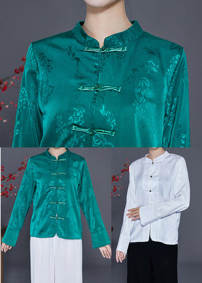 Green Jacquard Silk Shirt Mandarin Collar Chinese Button Spring LY3616 - fabuloryshop