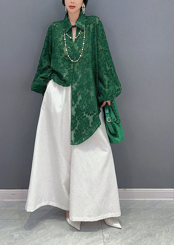 Green Jacquard Tulle Long Shirts Oversized Hollow Out Spring LY1569 - fabuloryshop