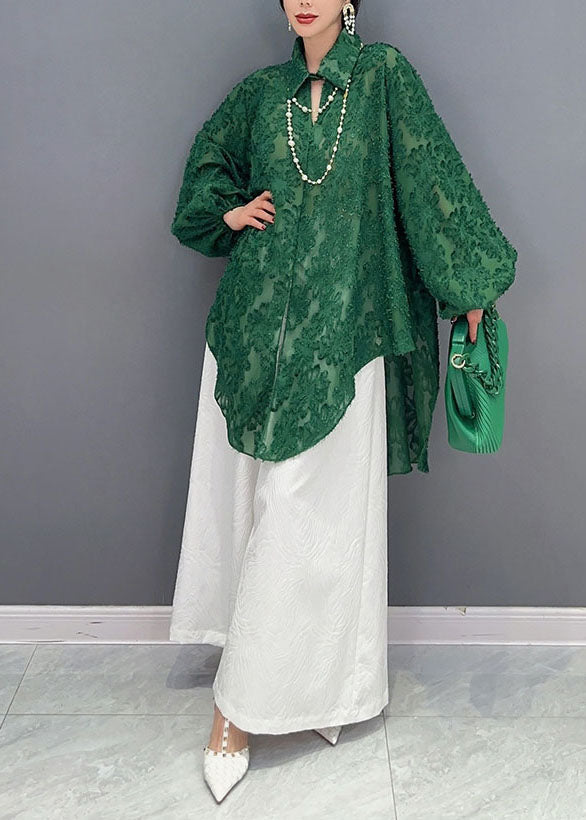 Green Jacquard Tulle Long Shirts Oversized Hollow Out Spring LY1569 - fabuloryshop