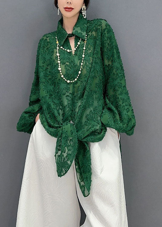 Green Jacquard Tulle Long Shirts Oversized Hollow Out Spring LY1569 - fabuloryshop