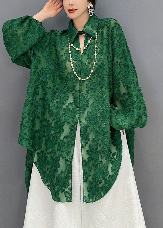 Green Jacquard Tulle Long Shirts Oversized Hollow Out Spring LY1569 - fabuloryshop