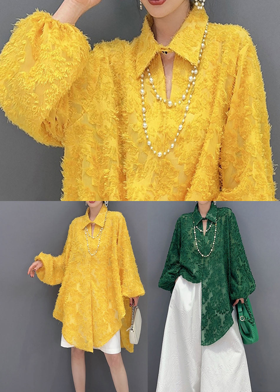 Green Jacquard Tulle Long Shirts Oversized Hollow Out Spring LY1569 - fabuloryshop