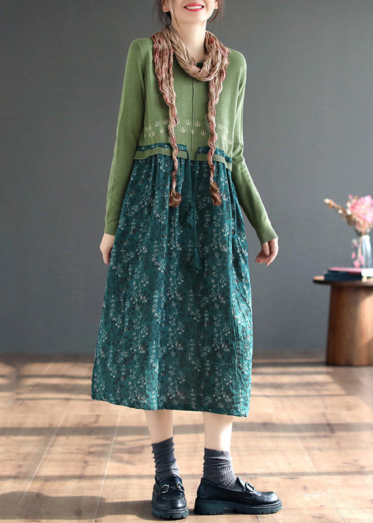 Green Lace Up Patchwork Knitting Dress O Neck Long Sleeve Ada Fashion