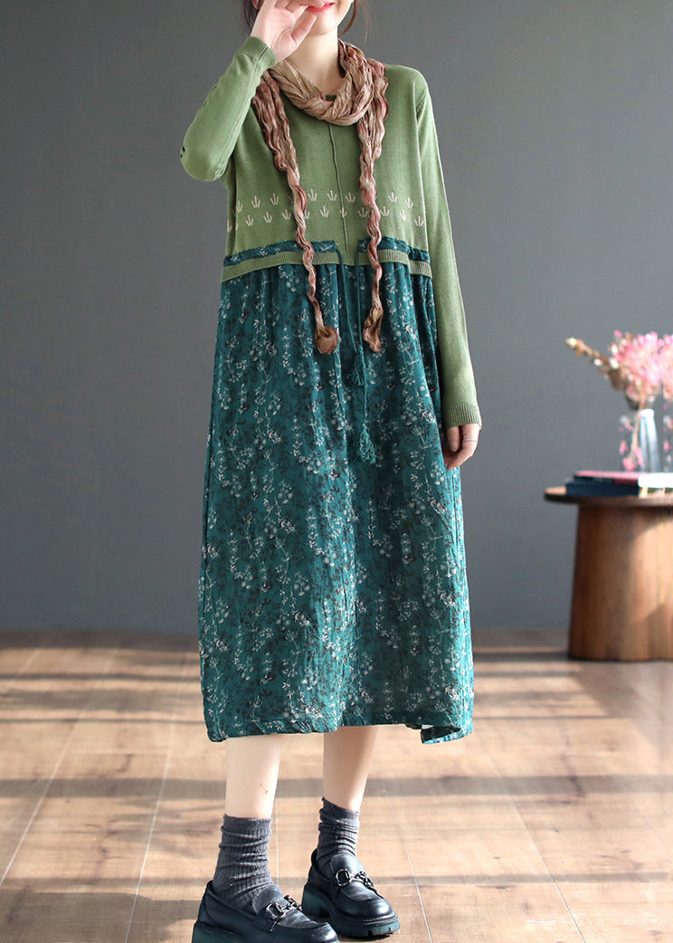 Green Lace Up Patchwork Knitting Dress O Neck Long Sleeve Ada Fashion