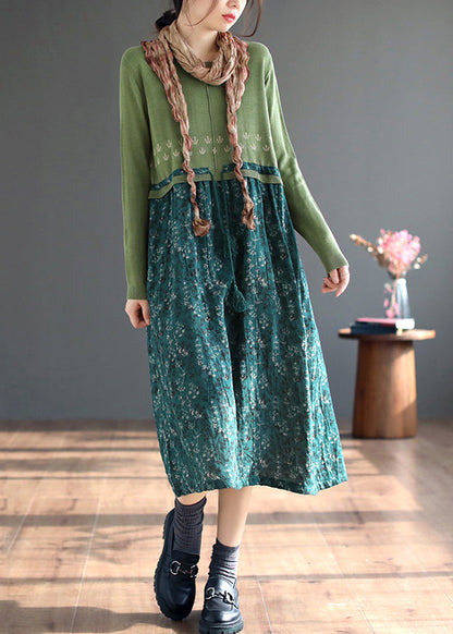 Green Lace Up Patchwork Knitting Dress O Neck Long Sleeve Ada Fashion