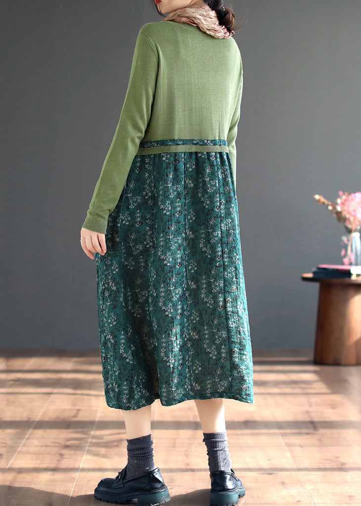 Green Lace Up Patchwork Knitting Dress O Neck Long Sleeve Ada Fashion