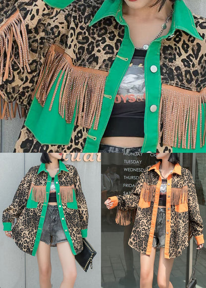 Green Leopard Patchwork Denim Coat Tasseled Button Spring LY5264 - fabuloryshop