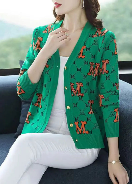 Green Letter Jacquard Patchwork Woolen Loose Cardigans V Neck Fall Ada Fashion