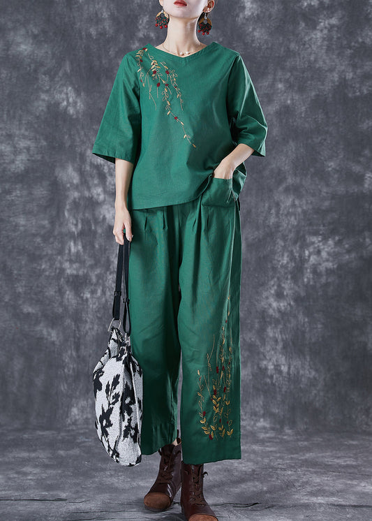 Green Loose Linen Two Pieces Set Embroideried Summer LY6751 - fabuloryshop