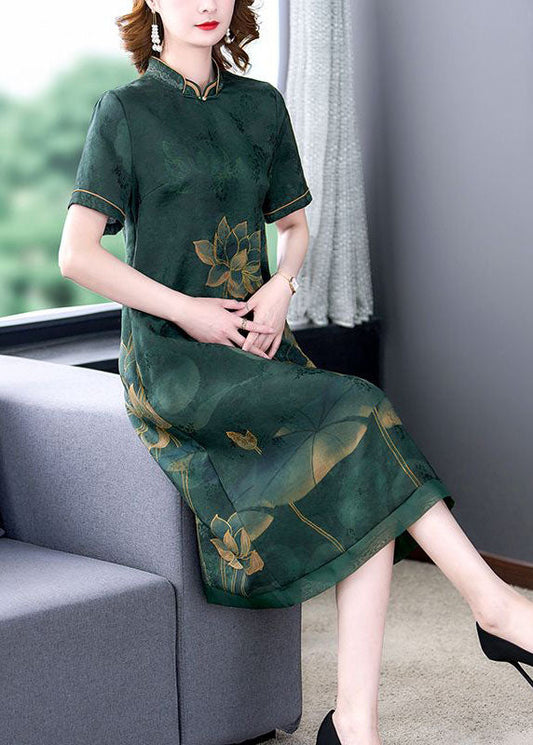 Green Lotus Print Silk A Line Skirts Stand Collar Summer LY2240