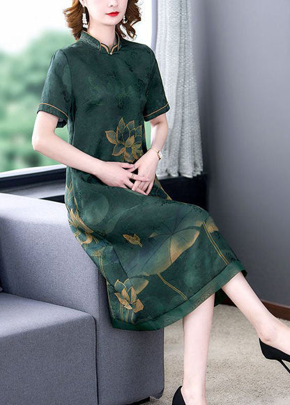 Green Lotus Print Silk A Line Skirts Stand Collar Summer LY2240 - fabuloryshop