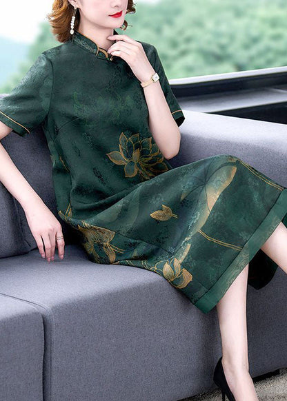 Green Lotus Print Silk A Line Skirts Stand Collar Summer LY2240 - fabuloryshop