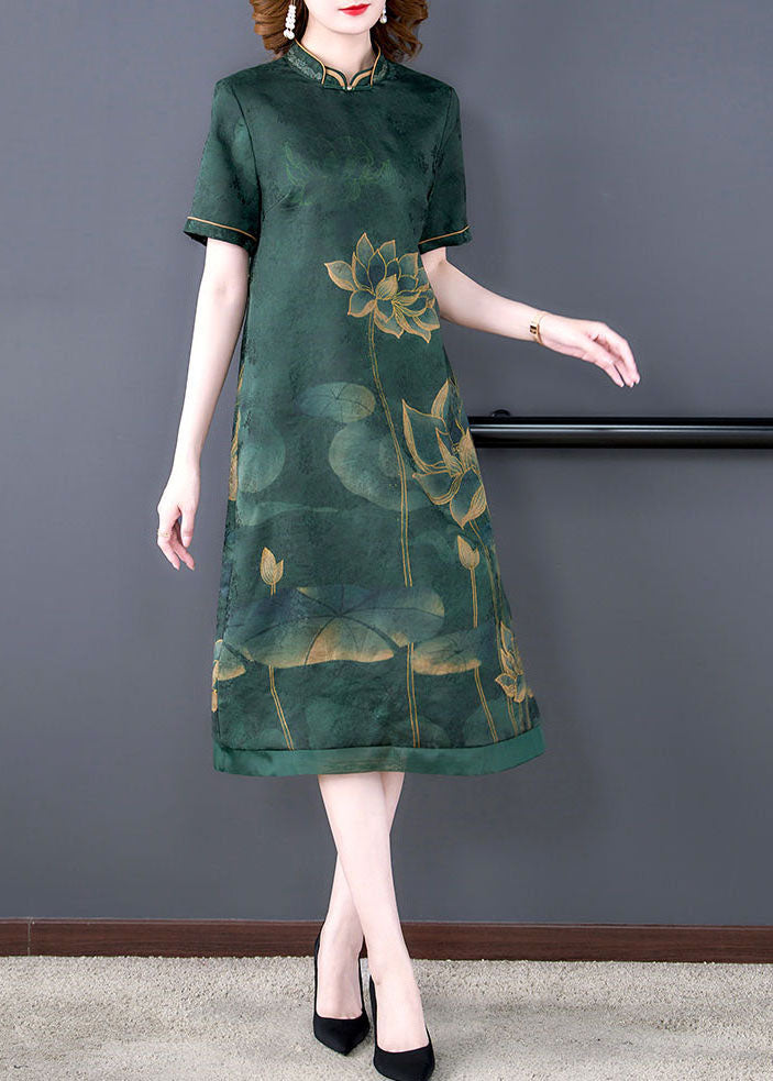 Green Lotus Print Silk A Line Skirts Stand Collar Summer LY2240 - fabuloryshop