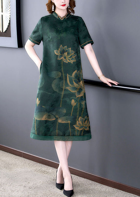 Green Lotus Print Silk A Line Skirts Stand Collar Summer LY2240 - fabuloryshop