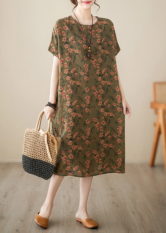 Green O-Neck Cozy Long Dress Short Sleeve Ada Fashion