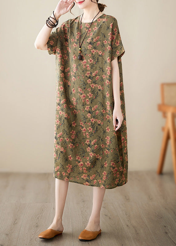 Green O-Neck Cozy Long Dress Short Sleeve Ada Fashion