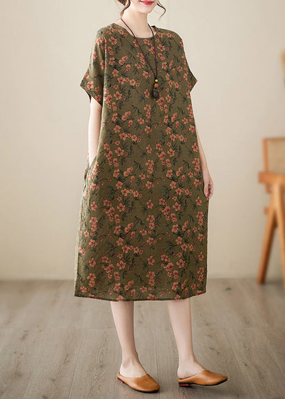 Green O-Neck Cozy Long Dress Short Sleeve Ada Fashion