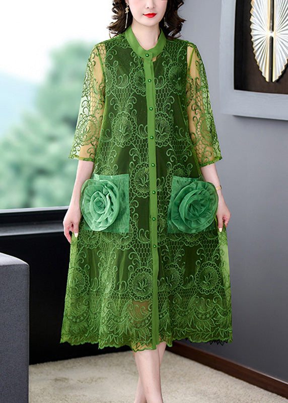 Green O-Neck Lace Patchwork Button Tulle Maxi Coats Summer Ada Fashion