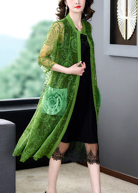 Green O-Neck Lace Patchwork Button Tulle Maxi Coats Summer Ada Fashion