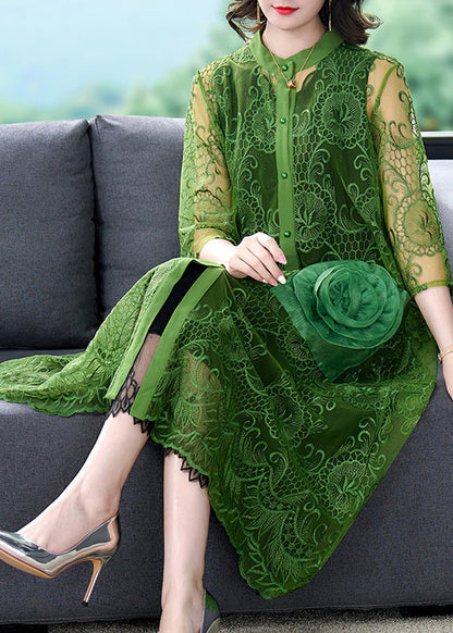 Green O-Neck Lace Patchwork Button Tulle Maxi Coats Summer Ada Fashion