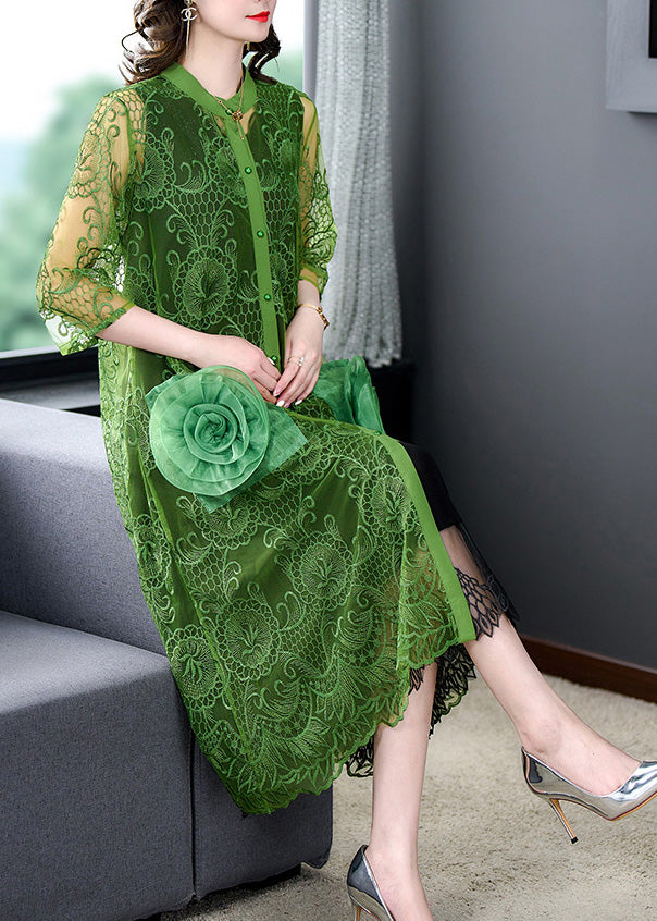 Green O-Neck Lace Patchwork Button Tulle Maxi Coats Summer Ada Fashion