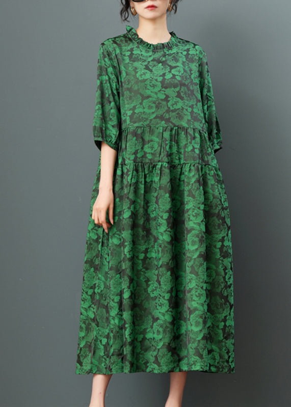 Green O-Neck Print Drawstring Maxi Dress Half Sleeve Ada Fashion