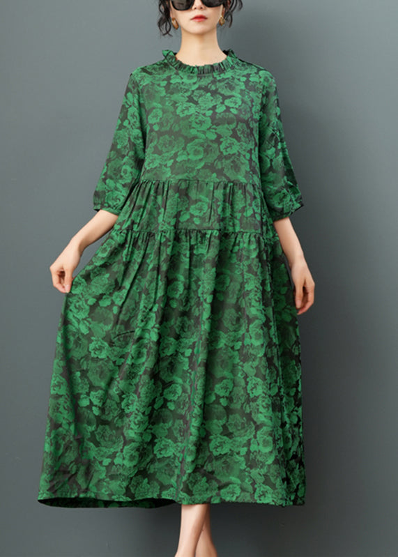 Green O-Neck Print Drawstring Maxi Dress Half Sleeve Ada Fashion