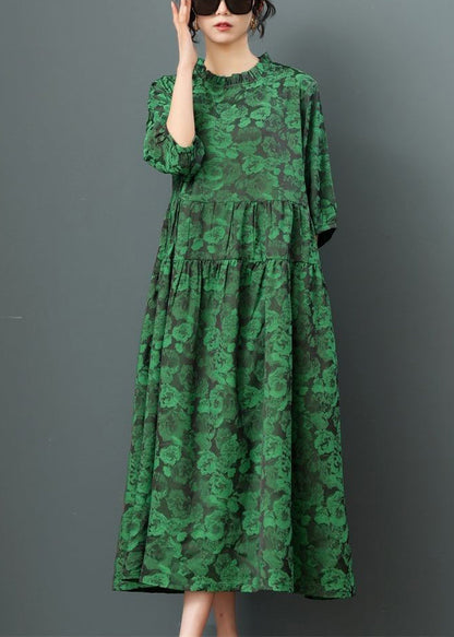 Green O-Neck Print Drawstring Maxi Dress Half Sleeve Ada Fashion