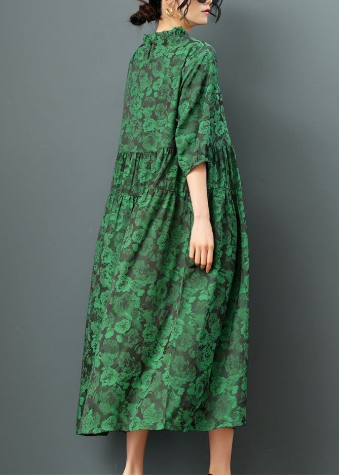 Green O-Neck Print Drawstring Maxi Dress Half Sleeve Ada Fashion