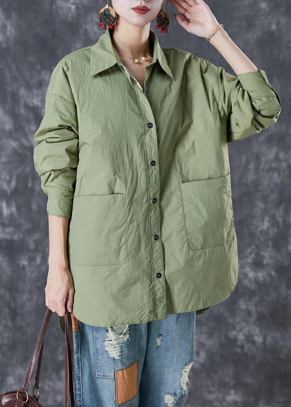 Green Oversized Cotton Shirts Pockets Side Open Fall Ada Fashion