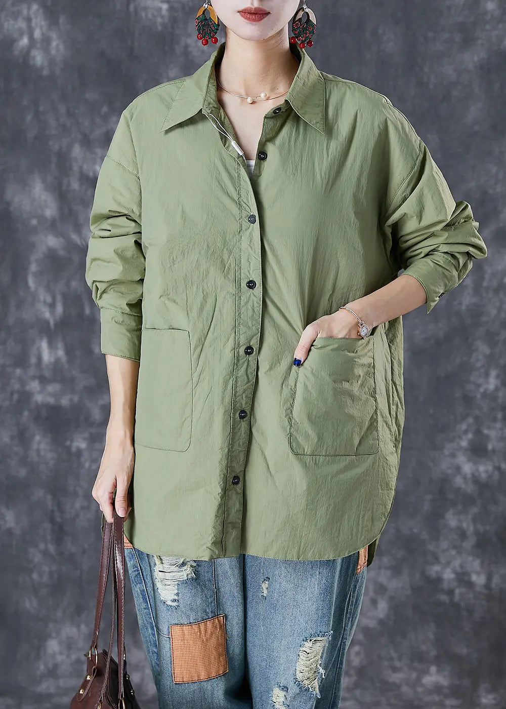 Green Oversized Cotton Shirts Pockets Side Open Fall Ada Fashion