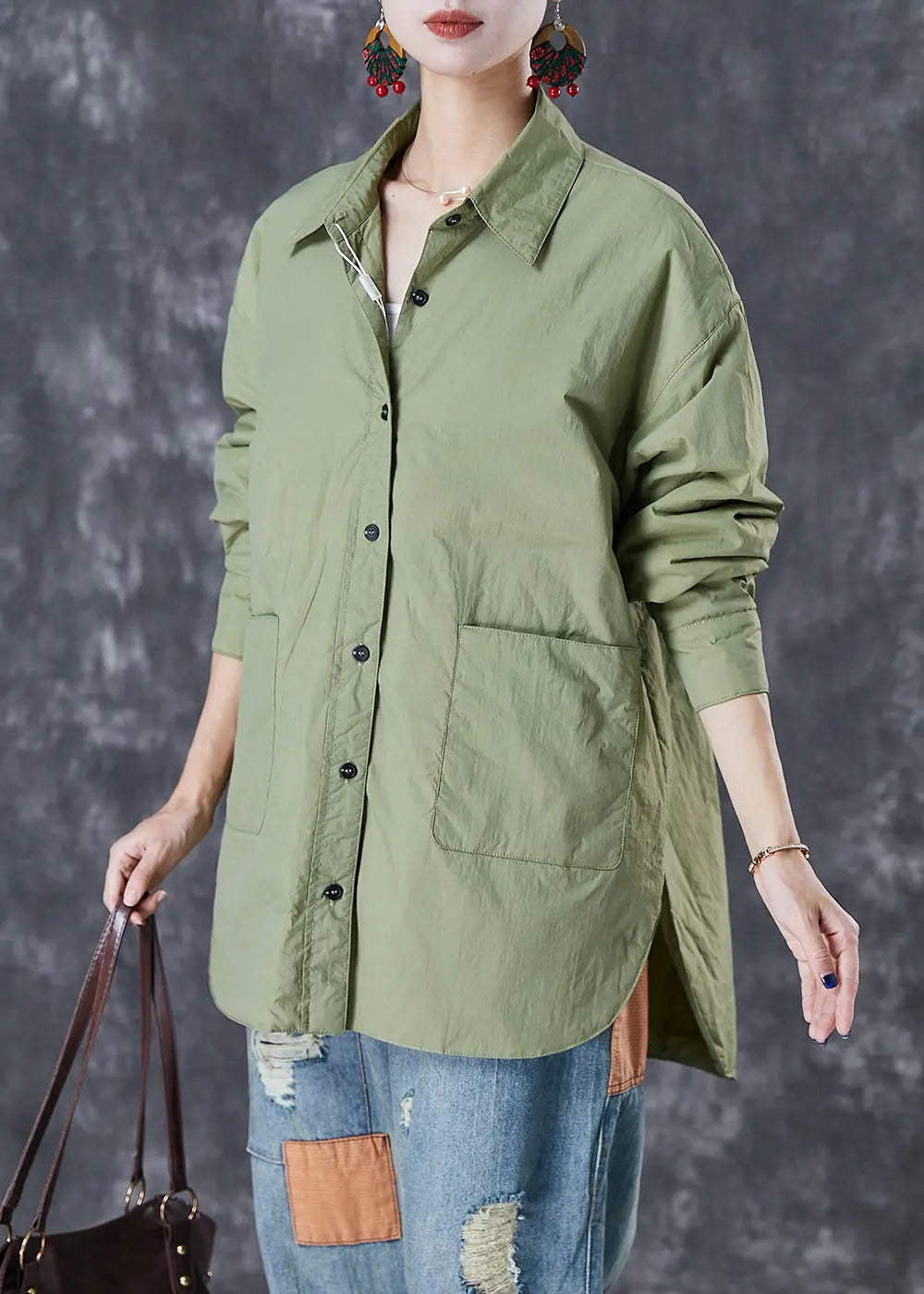 Green Oversized Cotton Shirts Pockets Side Open Fall Ada Fashion