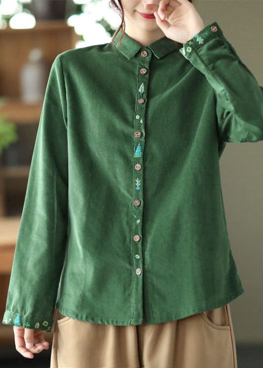 Green Patchwork Corduroy Tops Peter Pan Collar Button Spring LY6187 - fabuloryshop