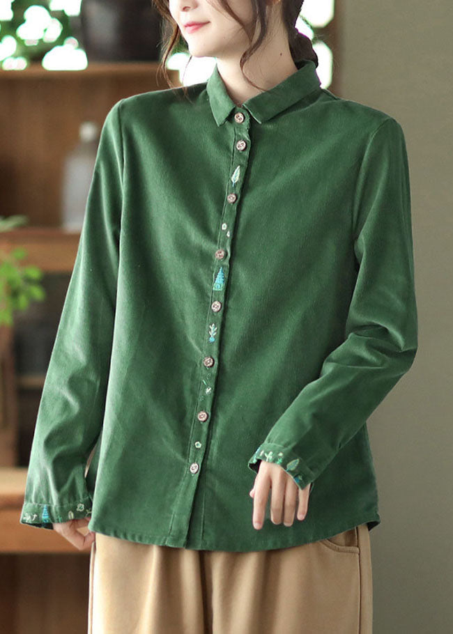 Green Patchwork Corduroy Tops Peter Pan Collar Button Spring LY6187 - fabuloryshop