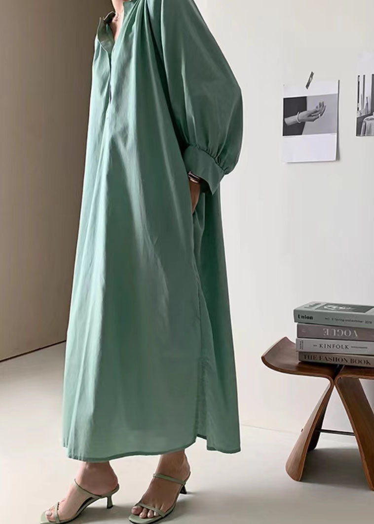 Green Patchwork Cotton Dress Wrinkled Stand Collar Long Sleeve LY2138 - fabuloryshop