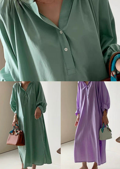 Green Patchwork Cotton Dress Wrinkled Stand Collar Long Sleeve LY2138 - fabuloryshop