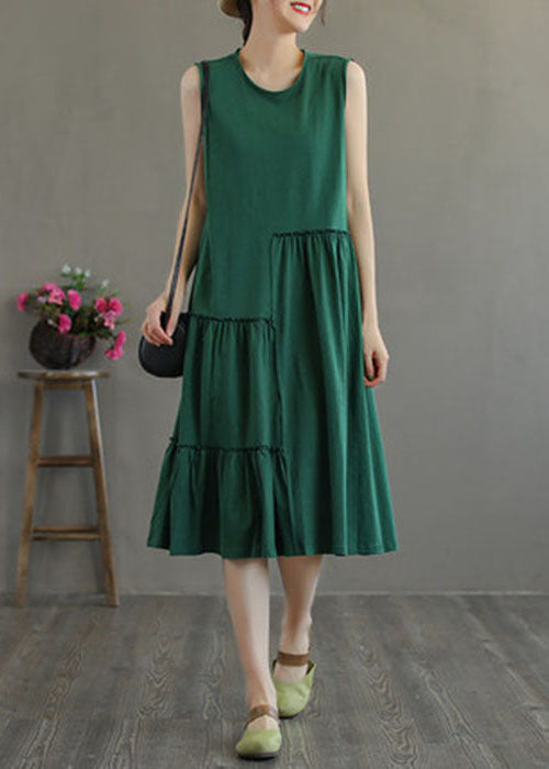 Green Patchwork Cotton Holiday Dress Wrinkled Sleeveless TG1053 - fabuloryshop