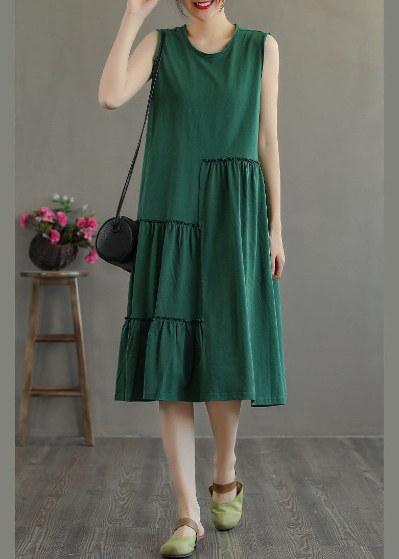 Green Patchwork Cotton Holiday Dress Wrinkled Sleeveless TG1053 - fabuloryshop