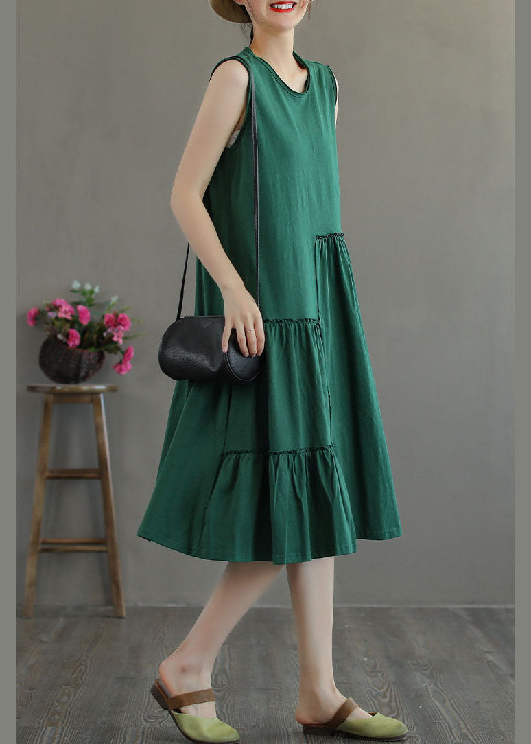 Green Patchwork Cotton Holiday Dress Wrinkled Sleeveless TG1053 - fabuloryshop