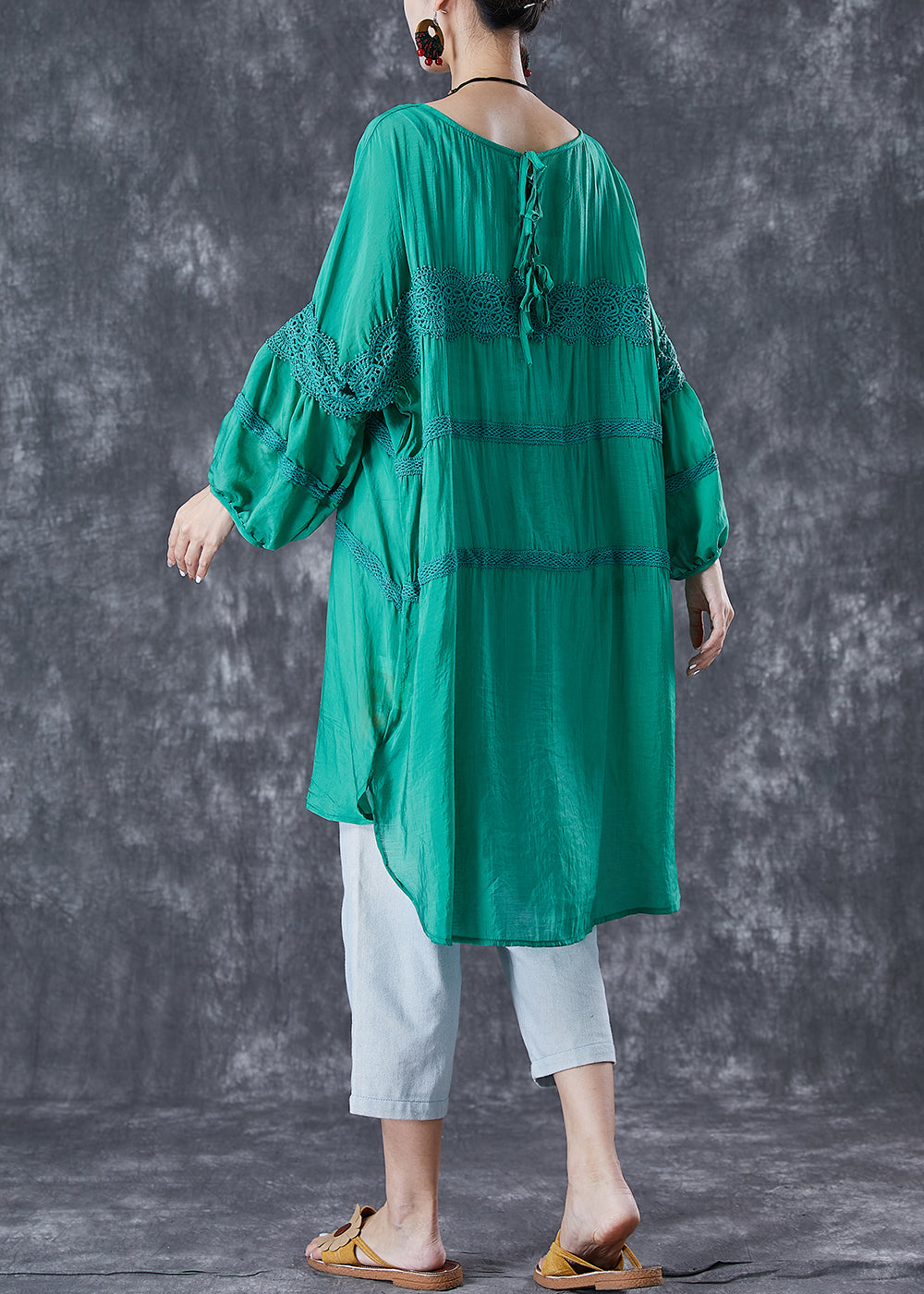 Green Patchwork Cotton Maxi Dresses Oversized Puff Sleeve TD1049