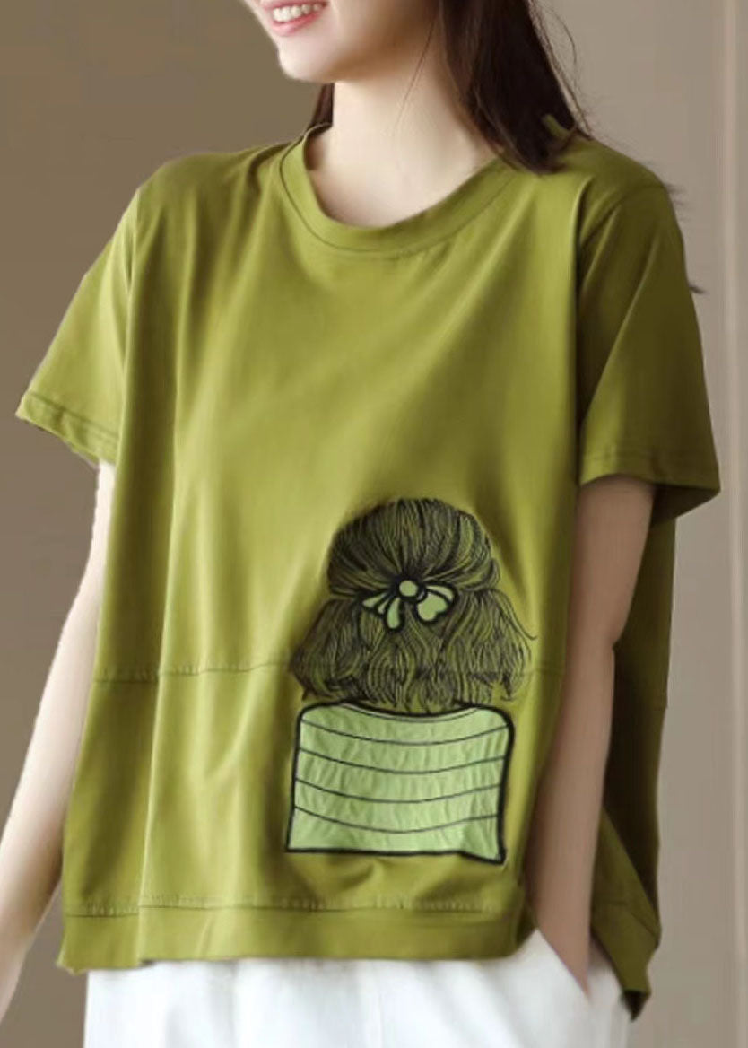 Green Patchwork Cotton T Shirt Top Embroideried Short Sleeve LY5083 - fabuloryshop