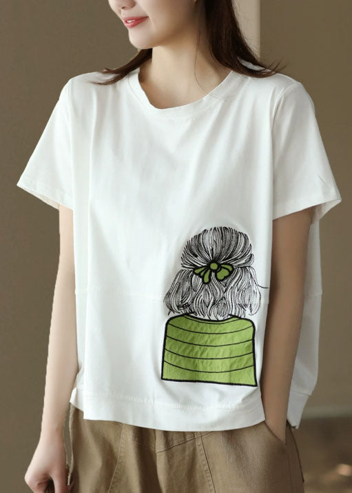 Green Patchwork Cotton T Shirt Top Embroideried Short Sleeve LY5083 - fabuloryshop