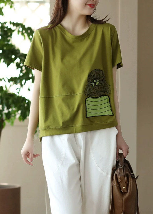 Green Patchwork Cotton T Shirt Top Embroideried Short Sleeve LY5083 - fabuloryshop