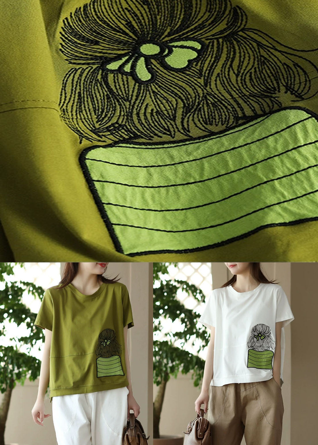 Green Patchwork Cotton T Shirt Top Embroideried Short Sleeve LY5083 - fabuloryshop