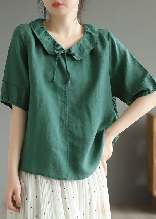 Green Patchwork Cotton T Shirts Top Peter Pan Collar Short Sleeve LY6179 - fabuloryshop