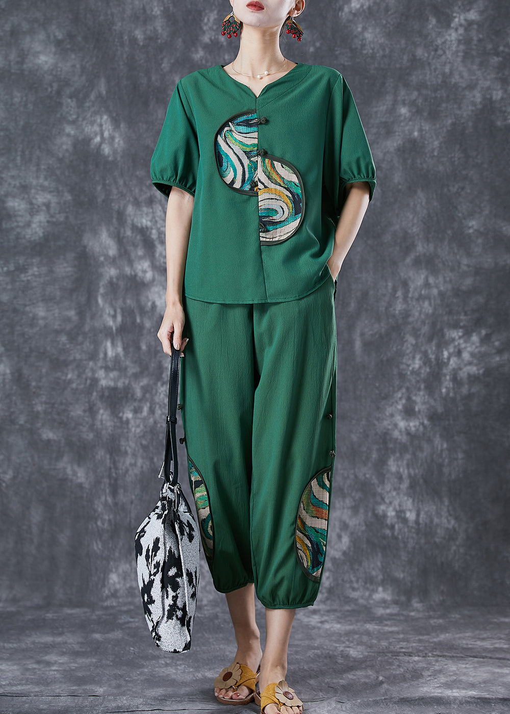 Green Patchwork Cotton Two Pieces Set Chinese Button Summer LY6790 - fabuloryshop