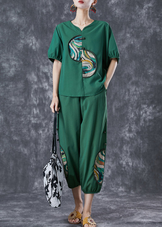 Green Patchwork Cotton Two Pieces Set Chinese Button Summer LY6790 - fabuloryshop