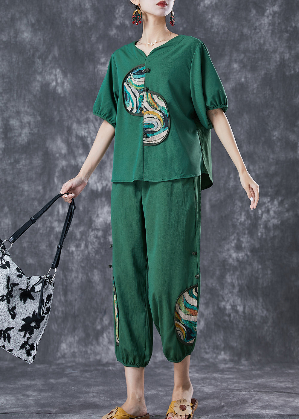 Green Patchwork Cotton Two Pieces Set Chinese Button Summer LY6790 - fabuloryshop