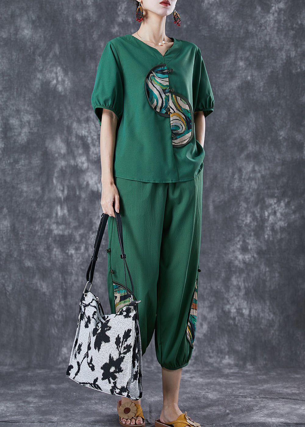 Green Patchwork Cotton Two Pieces Set Chinese Button Summer LY6790 - fabuloryshop